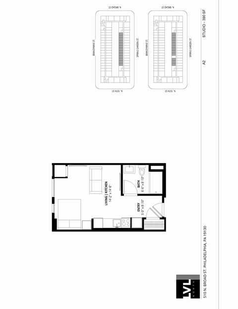Floor plan for studio, 1 bath, 390 sqft